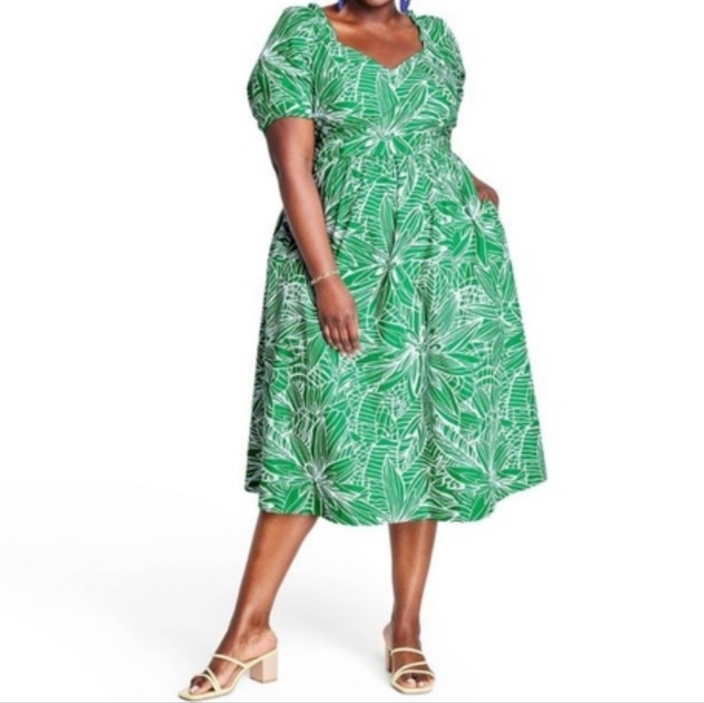 Green Leaf Print Puff-Sleeve Midi Dress